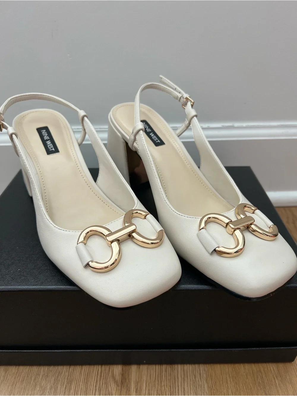 Nine West Ivory Slingback Block Heel Pumps with Gold Hardware